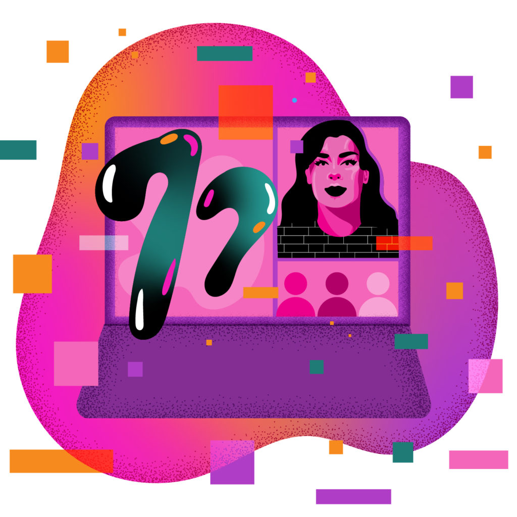 A purple laptop with Zoom on screen. The number 77 emanates from the presenter window, with viewers in other windows. Blocks of orange, teal, purple and pink float around in space.