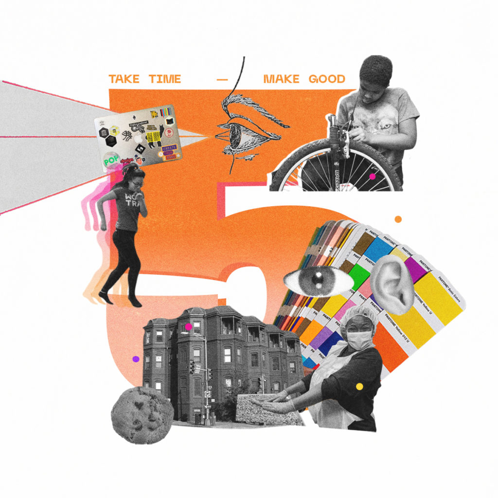 The number 5 surrounded by cutout photos representing various DC nonprofit organizations and the tools of designers.