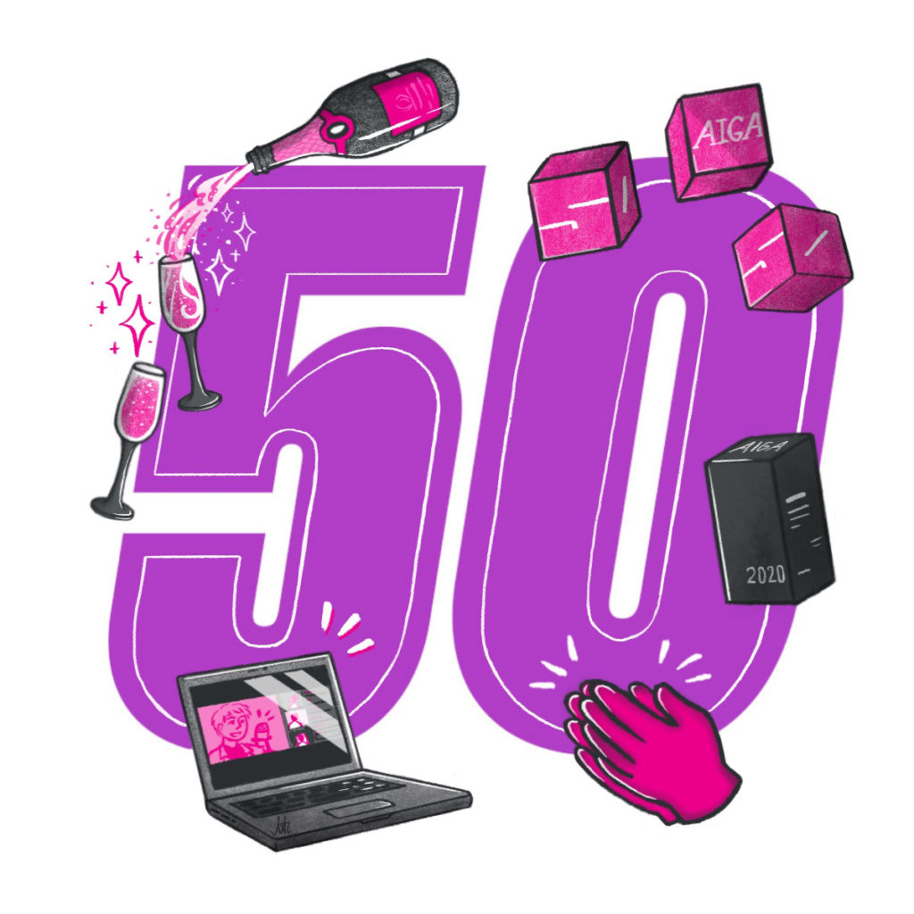 The number 50 surrounded by iconic illustrations of a champagn bottle and glasees, AIGA50 award trophies, clapping hands, Zoom on a laptop.