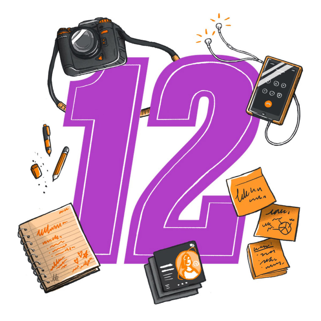 The number 12 surrounded by iconic illustrations of a camera, pencil, notebook, smartphone with earbuds, stick notes and instagram carousel images.